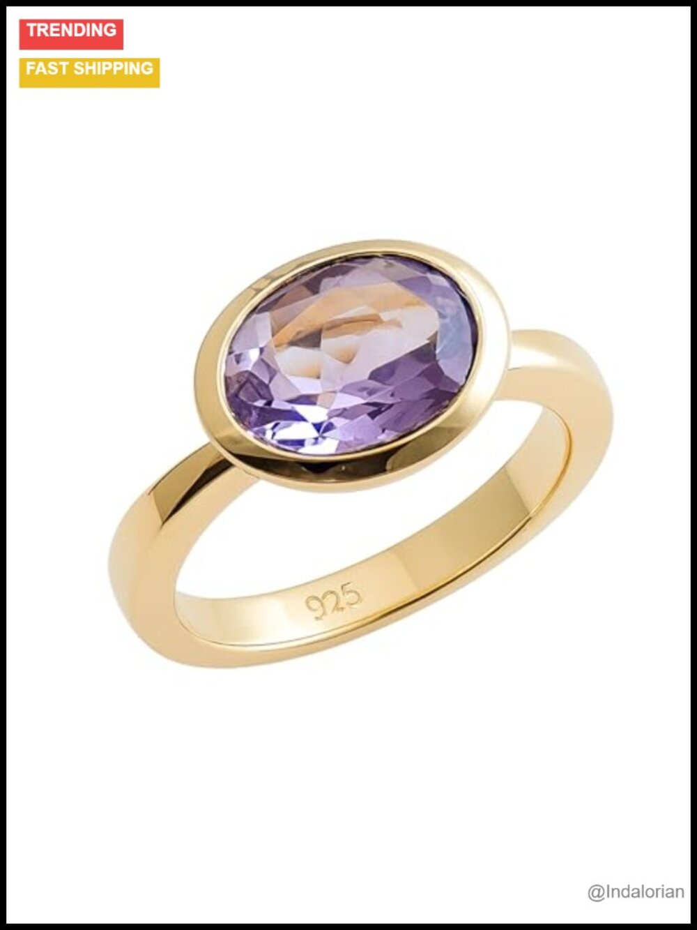 Amethyst Oval Ring 8x10mm 925 Sterling Silver 3 Micron Gold Plated Bezel Set